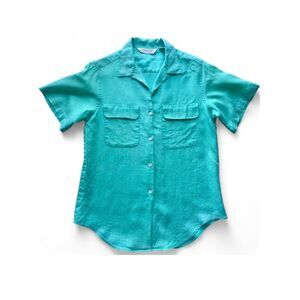 90s Vintage Lands' End Turquoise Linen Short Sleeve Shirt Women's Size 10